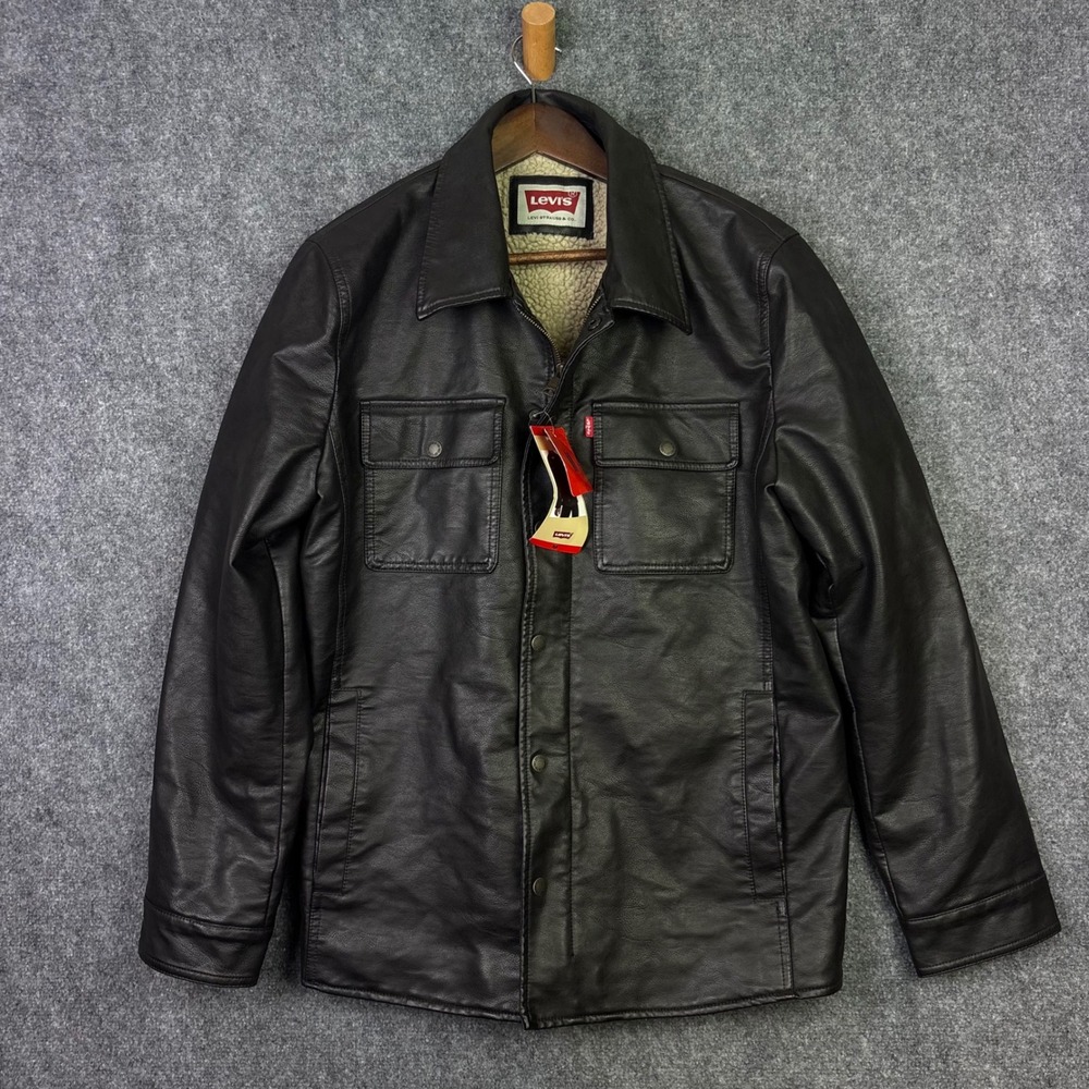 Levis Faux Leather Jacket Mens M Brown Sherpa Lined Trucker Coat New